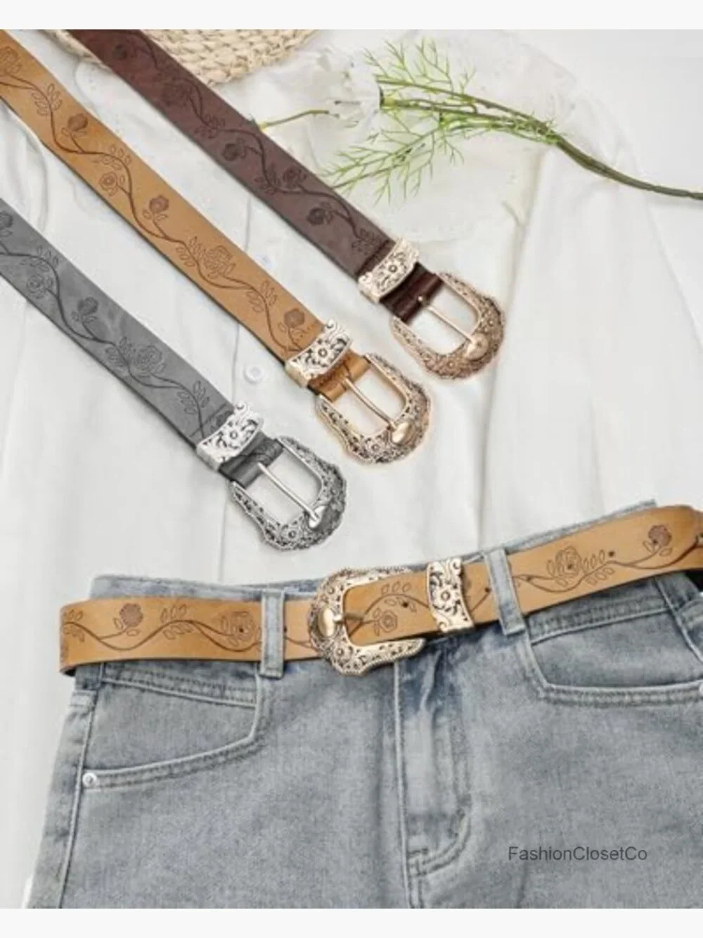 Vintage Women's Western Belt Adjustable PU Leather with Floral Pattern Buckle